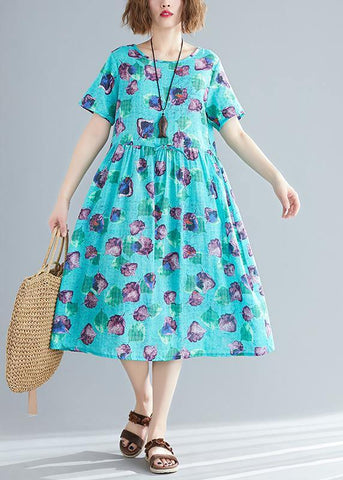 Armarios empotrados con cuello en O y patchwork, vestido de verano de corte A, con estampado de lino azul, para hacer tú mismo. 