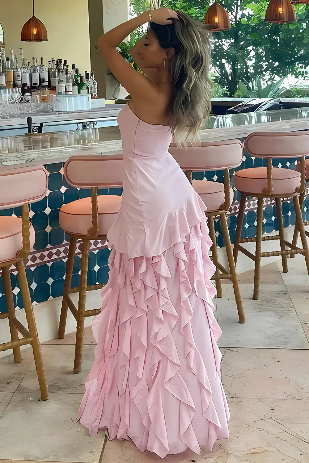 Vestido de Noche Largo sin Tirantes Estilo Tubo con Volantes
