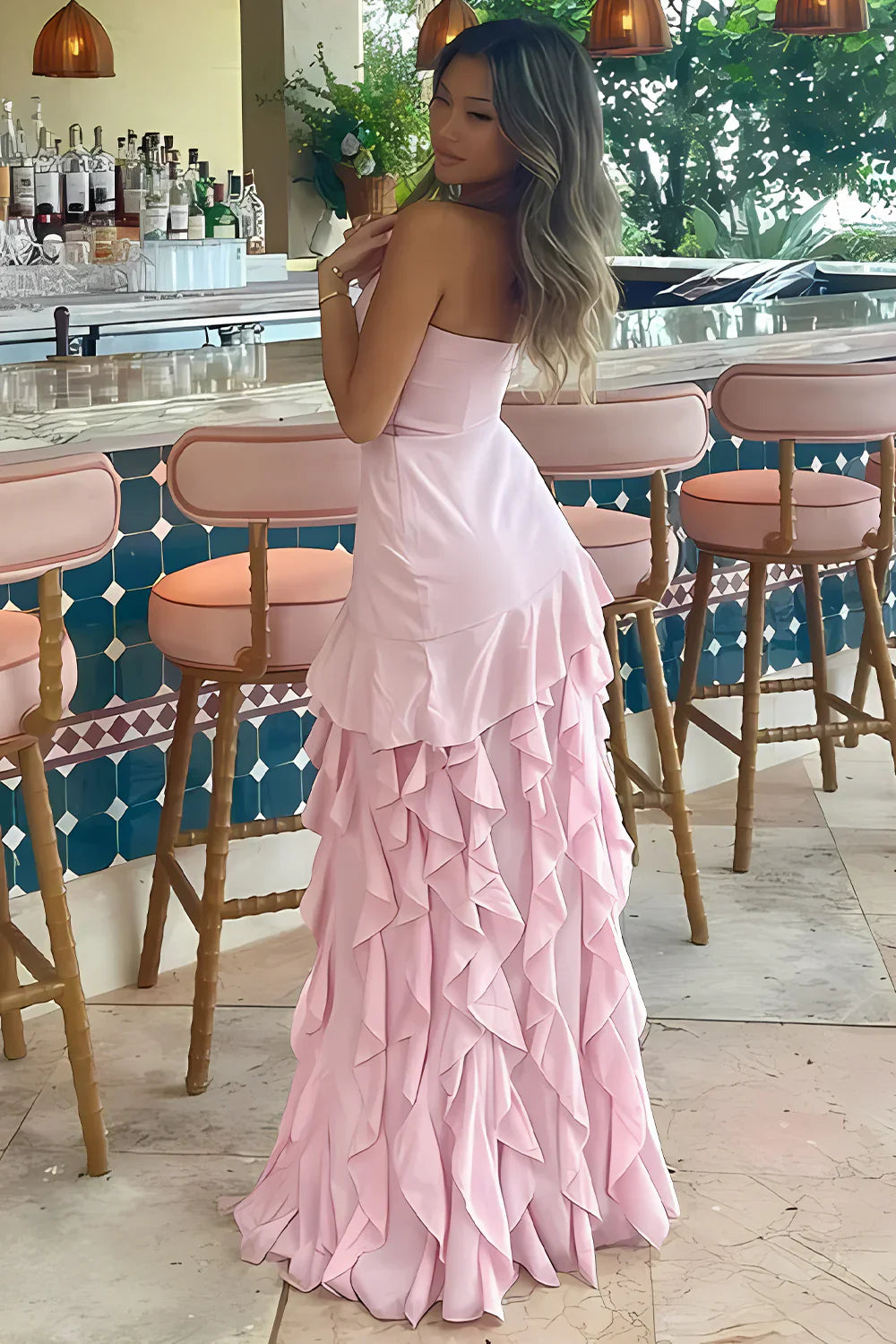 Vestido de Noche Largo sin Tirantes Estilo Tubo con Volantes