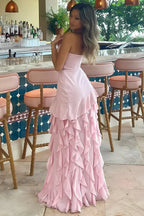 Vestido de Noche Largo sin Tirantes Estilo Tubo con Volantes