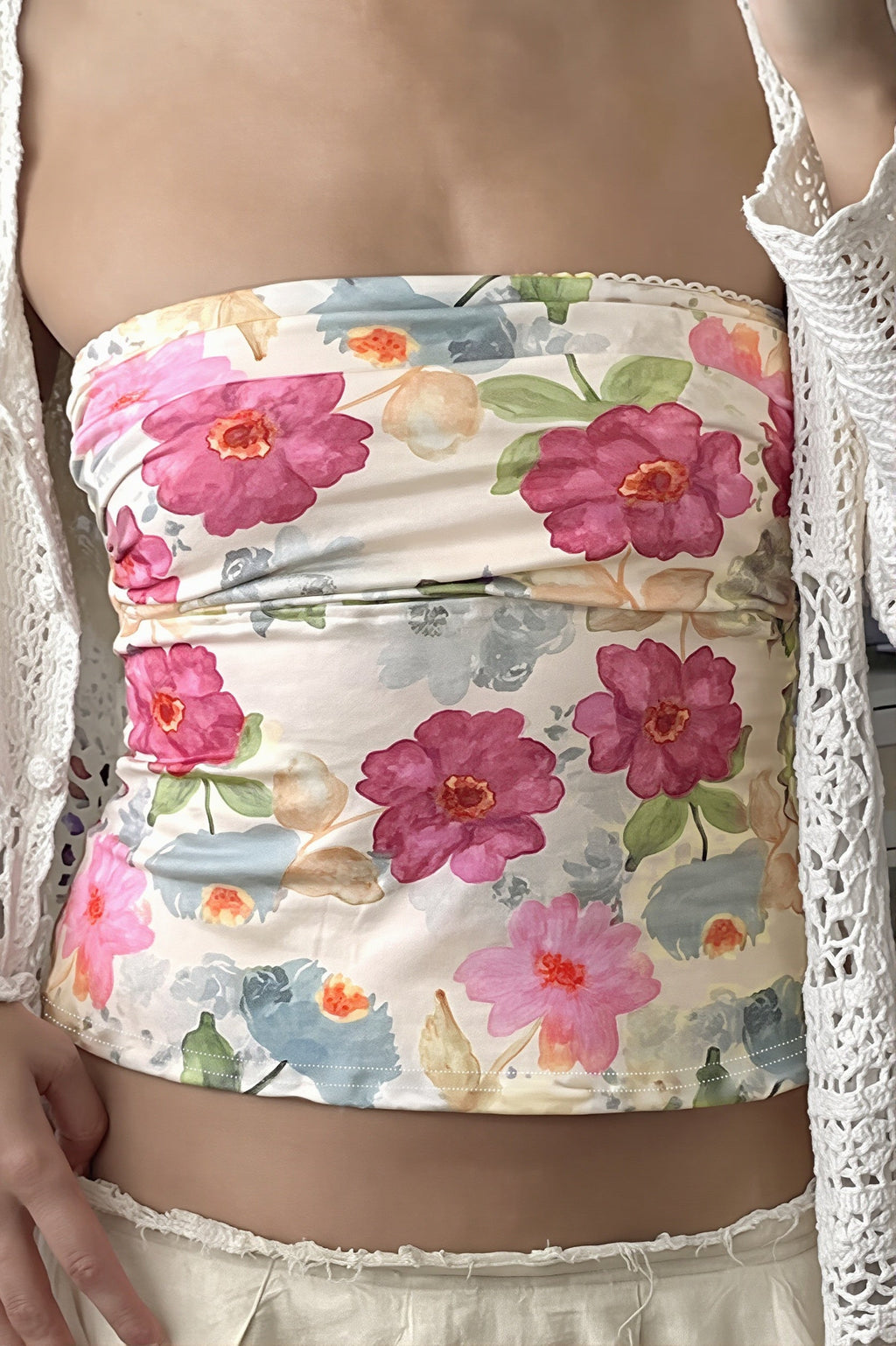 Color Block Floral Slim Strapless Blouse