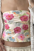 Color Block Floral Slim Strapless Blouse