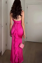 Sheath Spaghetti Straps Fuchsia Long Party Dress with Open Back