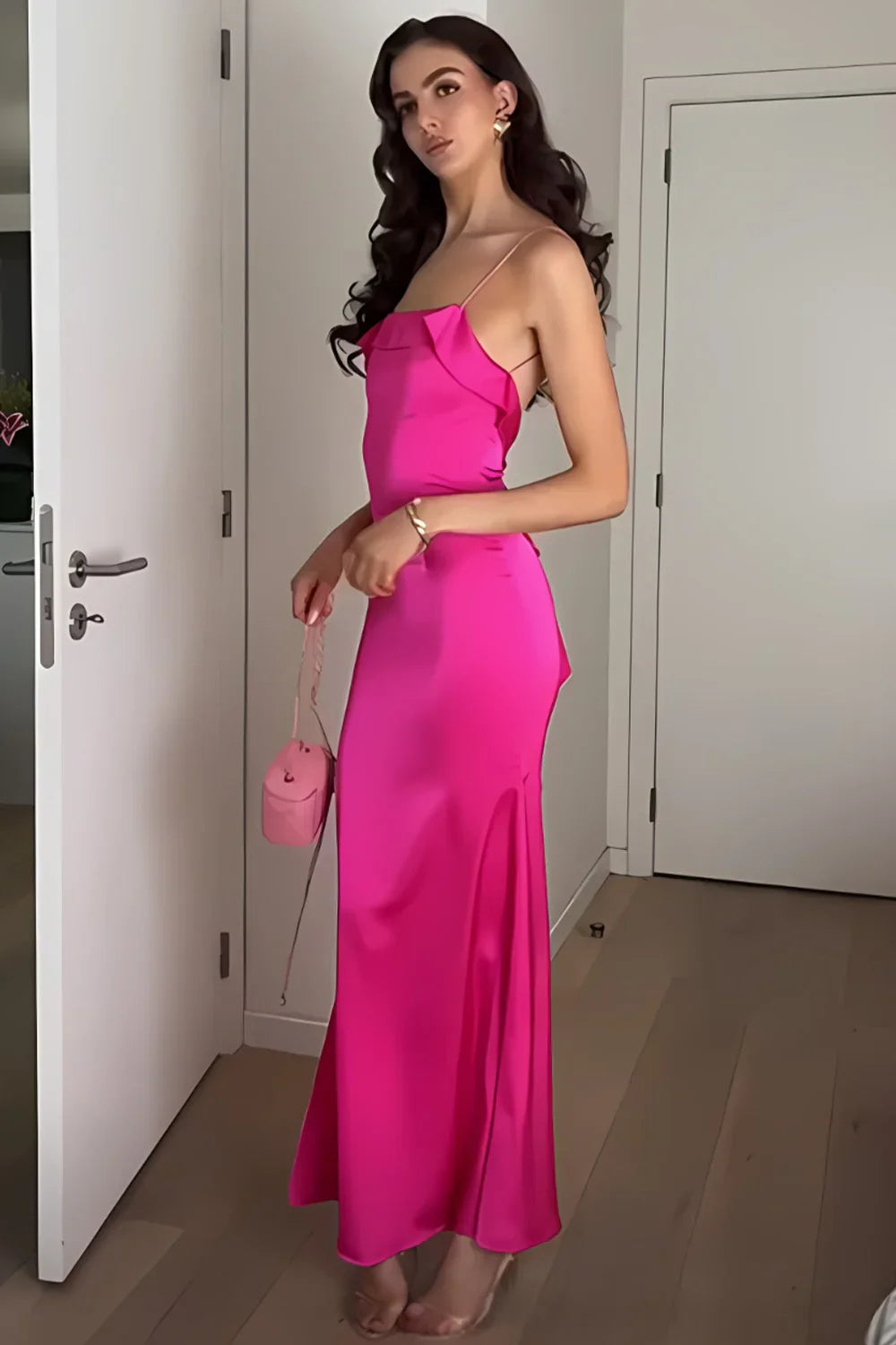 Sheath Spaghetti Straps Fuchsia Long Party Dress with Open Back