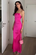 Sheath Spaghetti Straps Fuchsia Long Party Dress with Open Back