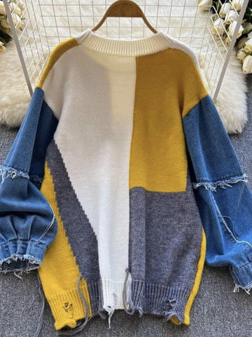Denim Patchwork Long Sleeve Sweater