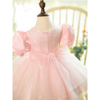 Vestido de niña de las flores, color rosa, con mangas abullonadas y malla esponjosa, para comunión y princesa. 