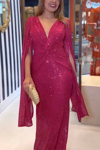 Vestido largo de noche con cintura cruzada y mangas estilo capa con lentejuelas más brillantes 