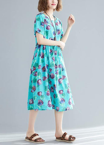 Armarios empotrados con cuello en O y patchwork, vestido de verano de corte A, con estampado de lino azul, para hacer tú mismo. 