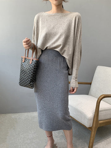 Fledermausärmel High-Low Einfarbiger Strickpullover mit U-Boot-Ausschnitt 