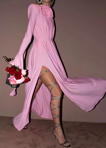 Italienische Rosa Stereoskopische Blumen Seite Offen Spandex Zeremonielle Kleider Sommer