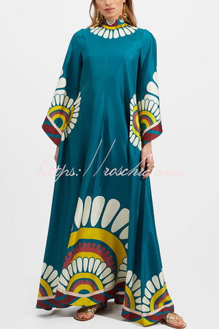 Shine The Light Unique Printed High Neck Bell Sleeve Loose Maxi Dress