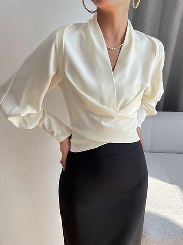 Long Sleeves Solid Color Zipper V-neck Blouses&shirts Tops