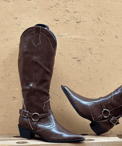 Botas gruesas de empalme de moda con punta puntiaguda de cuero sintético marrón 