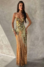 Printed V Neck Cami Slim Bodycon Maxi Dress