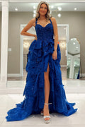 Langes, gestuftes, herzförmiges Rüschenkleid aus blauem Tüll mit Pailletten und Tüll