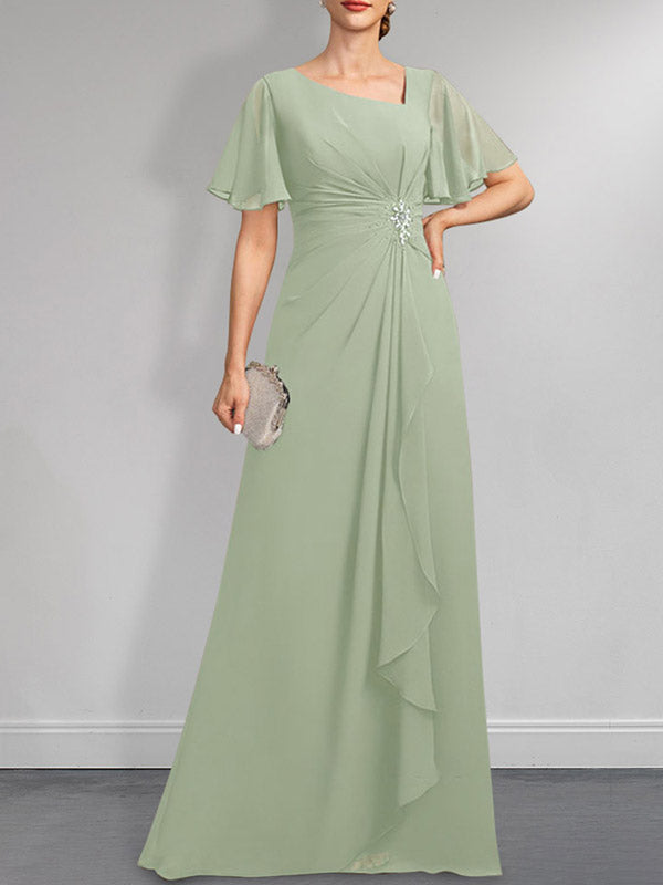 A-Linien-Kleid aus Chiffon in Bodenlänge mit asymmetrischem Schnitt, plissiert und mit Pailletten und Perlenstickerei