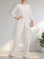 Zweiteiliger Jumpsuit/Hosenanzug, bodenlanges Chiffonkleid für die Mutter der Braut mit Paillettenbesatz und Rundhalsausschnitt.