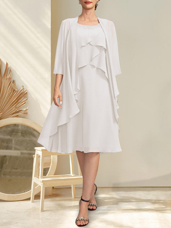 A-Linien-Chiffonkleid mit Rundhalsausschnitt und Perlenstickerei, knielang, für die Mutter der Braut