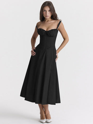 Summer Midi Dress Golden One-Shoulder Lace Up Beach Dress