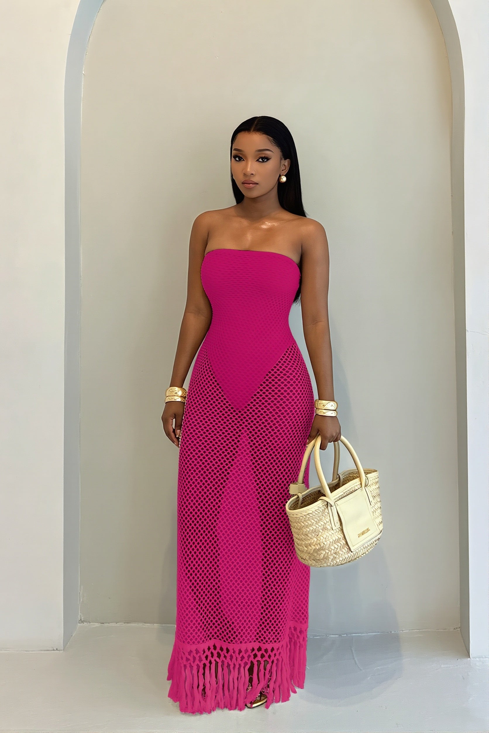Solid Hollow Out Knitted Slim Vacation Maxi Dress