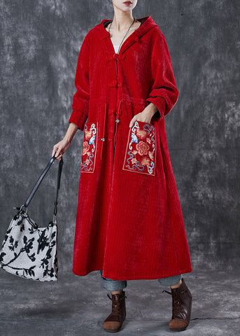 Roter orientalischer warmer Fleece-Cord-Trenchcoat bestickt Winter 