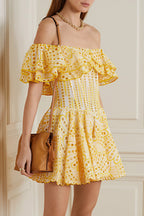 Elegant Designer Embroidery Hollow Out Cutout Waist Cinched Mini Dress