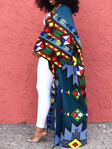 Lockerer Trenchcoat mit geometrischem Afro-Print und herkömmlichem Kragen für Damen in Übergröße 