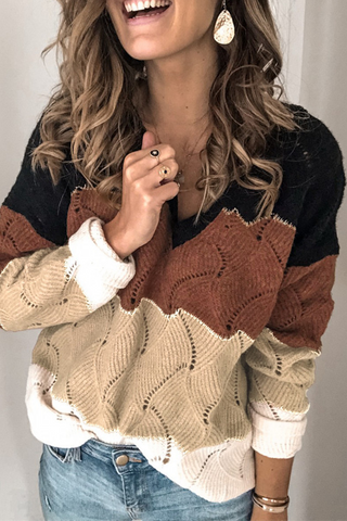 Casual Patchwork Contrast V Neck Tops Sweater