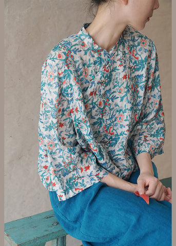 Vintage Blau Button Print Leinen Shirts Armband Ärmel 