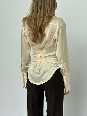 TARUXY Satin Frauen Langarm Blusen Zurück Taste Patchwork Sexy Mode V ausschnitt Solide Club Party Slim Fit Weibliche Hemd Sommer 