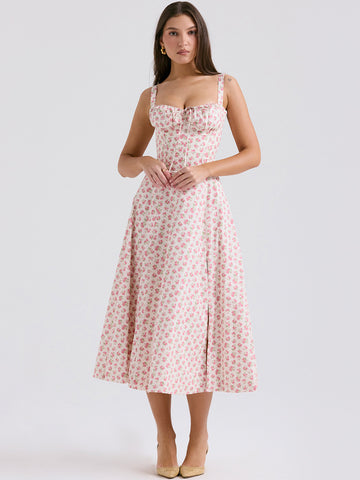 Vestido midi de fiesta con corsé, floral, tirantes anchos, espalda descubierta y abertura lateral