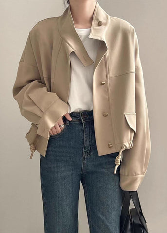 Plus Size Khaki Stehkragen Patchwork Kordelzug Mantel Langarm 