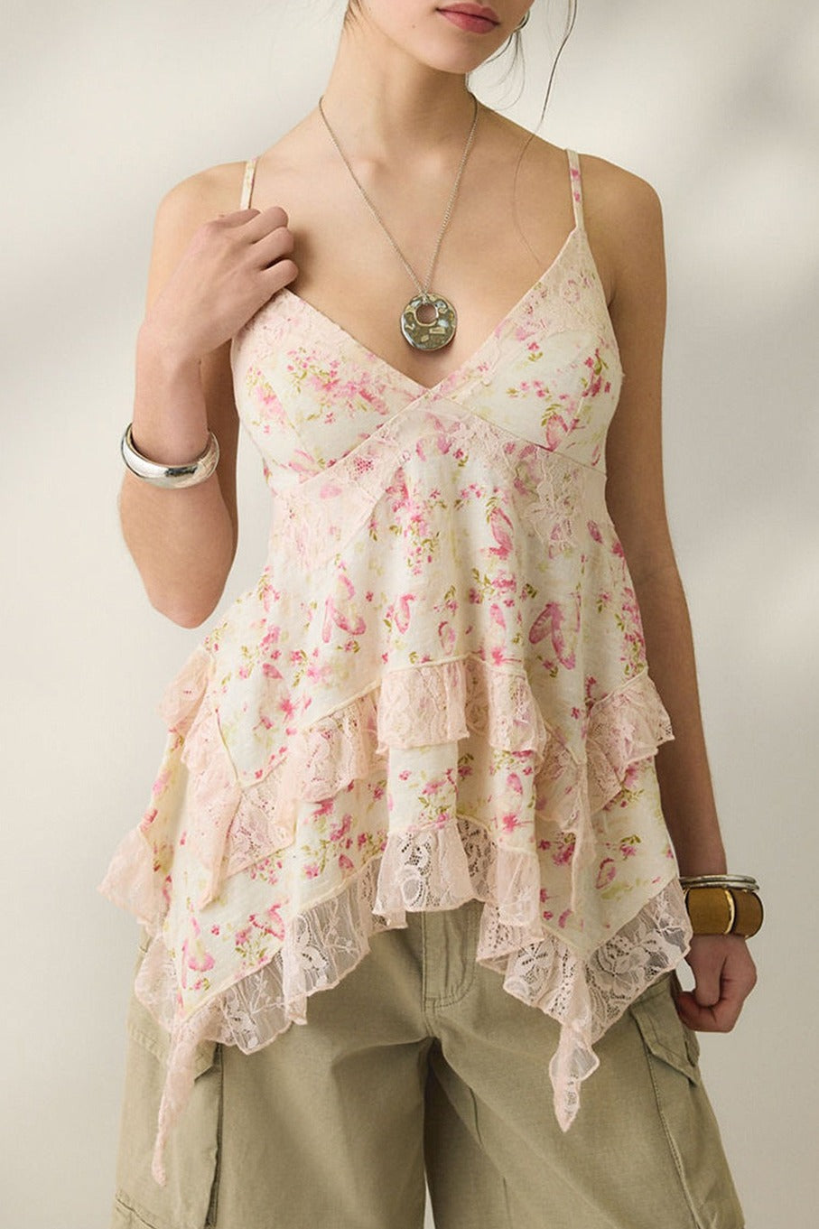 Retro Floral Chiffon Ruffled Cami Top
