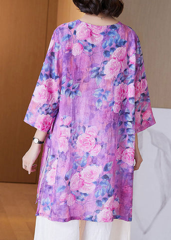 Blusas sueltas de lino con estampado morado y cuello redondo con mangas de pulsera 