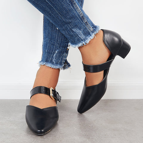 Block Low Heel Mary Jane Pumps Pointed Toe Buckle Dress Shoes