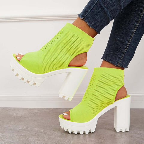 Mesh Peep Toe Platform Chunky High Heels Slingback Sandals