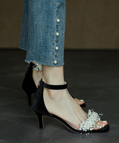 Sandalias francesas sexis de tacón alto con hebilla negra y cuentas para uñas 