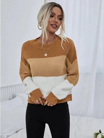 Autumn Winter Women Clothing Color Matching Sweater Long Sleeve Crew Neck Pullover Sweater