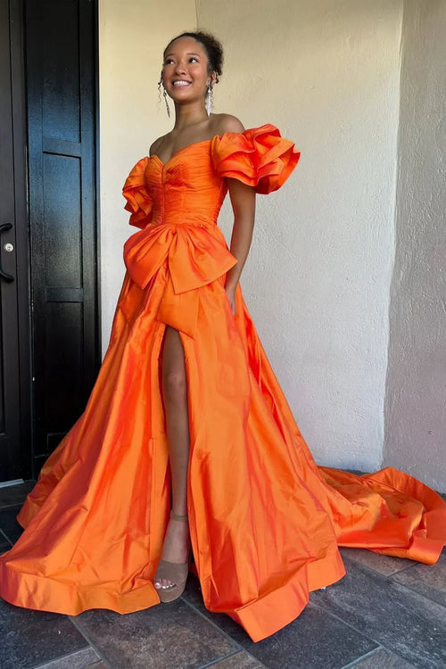 A-Line Off The Shoulder Long Satin Prom Dress