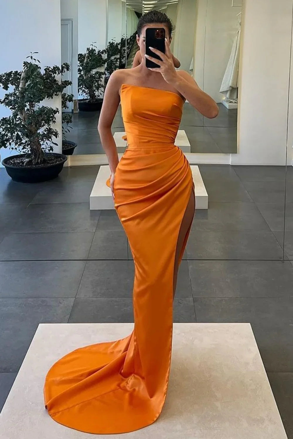 Mermaid Strapless Long Pleated Satin Prom Dress with Slit