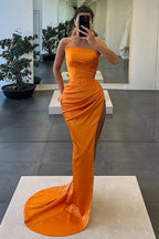 Mermaid Strapless Long Pleated Satin Prom Dress with Slit