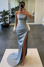 Mermaid Strapless Long Pleated Satin Prom Dress with Slit