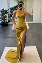 Mermaid Strapless Long Pleated Satin Prom Dress with Slit