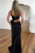 Sexy Black Mermaid Spaghetti Straps Cutout Waist Long Beaded Prom Dress