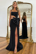 Sexy Black Mermaid Spaghetti Straps Cutout Waist Long Beaded Prom Dress
