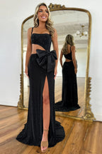 Sexy Black Mermaid Spaghetti Straps Cutout Waist Long Beaded Prom Dress