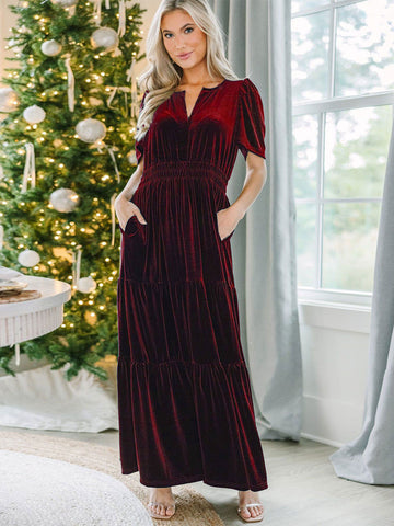 Vestido de terciopelo con escote en V, fruncido, capas, manga corta, vestidos largos 