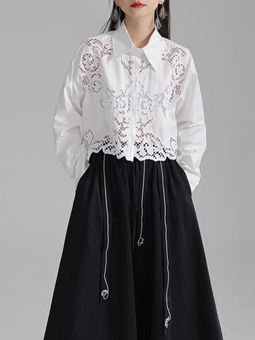 Lange Ärmel Lose Geknöpft Hohl Einfarbig Revers Blusen &amp; Hemden Tops 