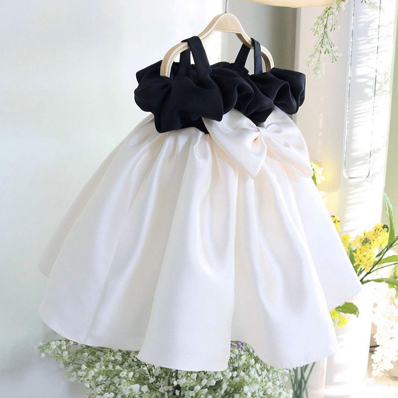 Elegante vestido de princesa con lazo en contraste de color blanco y negro para niñas pequeñas, vestido de comunión para niñas pequeñas 